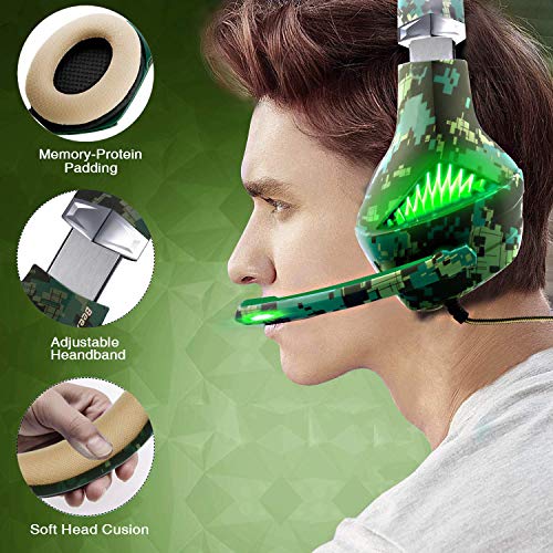 ShinePick Cascos PS4 Camuflaje, Auriculares Gaming con Microfono Diadema Ajustable, Bass OverEar 3,5mm Jack, Luz LED, Control de Volumen, Bajo Ruido para PS4/Xbox One/PC/Móvil (Camuflaje)