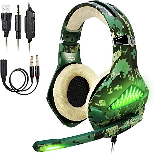 ShinePick Cascos PS4 Camuflaje, Auriculares Gaming con Microfono Diadema Ajustable, Bass OverEar 3,5mm Jack, Luz LED, Control de Volumen, Bajo Ruido para PS4/Xbox One/PC/Móvil (Camuflaje)