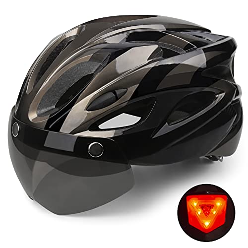 Shinmax Casco Bicicleta con luz, Certificación CE,con Visera Magnética Seguridad Ajustable Desmontable Deporte Gafas de Protección Ligera para Montar Ski & Snowboard Unisex Cascos Bici Adultos 56-62cm