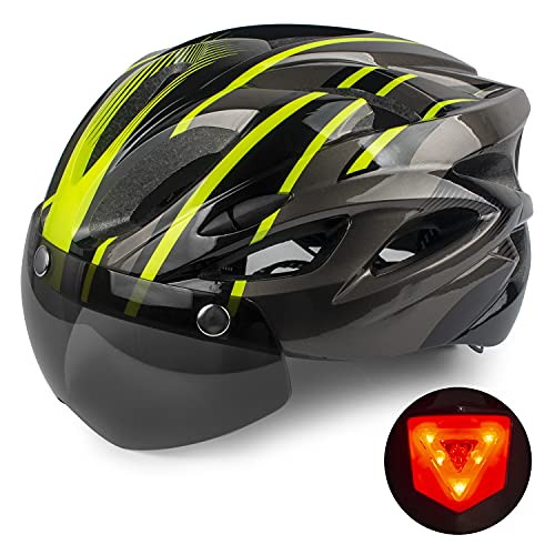 Shinmax Casco Bicicleta con luz, Certificación CE,con Visera Magnética Seguridad Ajustable Desmontable Deporte Gafas de Protección Ligera para Montar Ski & Snowboard Unisex Cascos Bici Adultos 56-62cm