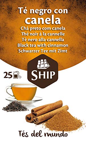 Ship - Té Negro con Canela en Caja de 25 Unidades - Propiedades Antioxidantes - Ayuda a Activar la Mente - Aporta Vitaminas y Minerales - Sabor Dulce - Sin Cafeína