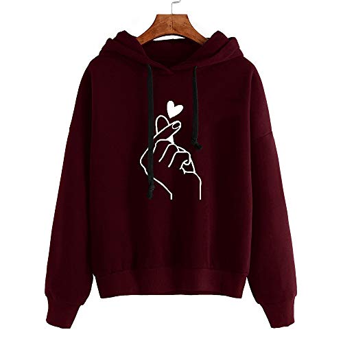 SHOBDW Liquidación Mujeres Señoras Sólidas Ocasionales Lindo Suave Elegante Cuerda Sudadera con Capucha Pullover Top Blusa Sudadera con Capucha de Manga Larga (Vino Rojo,M)