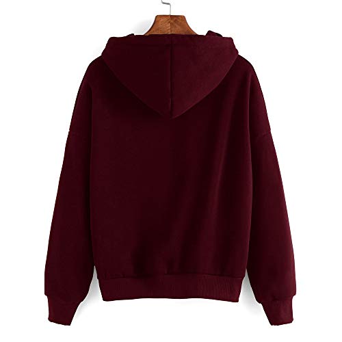 SHOBDW Liquidación Mujeres Señoras Sólidas Ocasionales Lindo Suave Elegante Cuerda Sudadera con Capucha Pullover Top Blusa Sudadera con Capucha de Manga Larga (Vino Rojo,M)