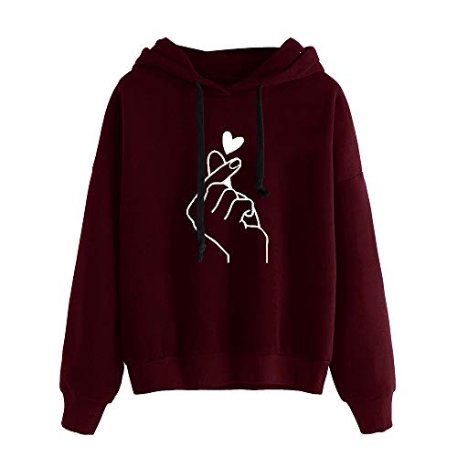 SHOBDW Liquidación Mujeres Señoras Sólidas Ocasionales Lindo Suave Elegante Cuerda Sudadera con Capucha Pullover Top Blusa Sudadera con Capucha de Manga Larga (Vino Rojo,M)