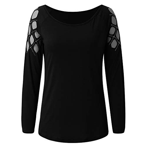 SHOBDW Mujeres Camisetas de Manga Larga Tallas Grandes Cuello en V sólido Camisa de Manga Larga Moda Casual Primavera Otoño Blusa Blusas Sueltas Diseño Cruzado Delantero Camiseta(Negro,M)