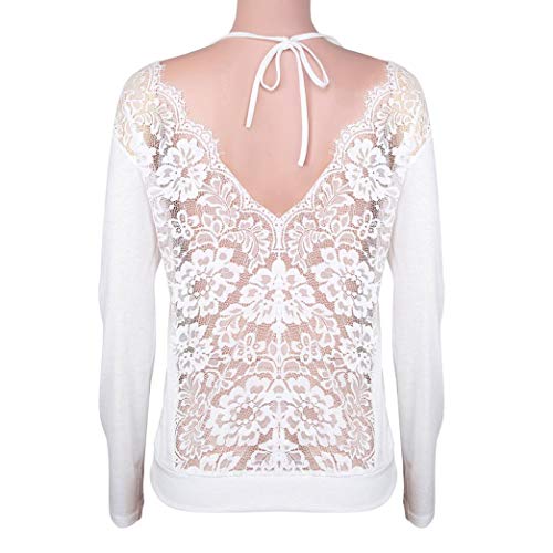 SHOBDW Mujeres de Manga Larga sólido sin Espalda O-Cuello de Encaje Sexy Sudadera Pullover Tops Blusa de otoño Camisa(Blanco,S)