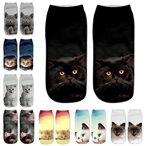 SHOBDW Mujeres Unisex Moda Popular Divertido Algodón Calcetines Cortos Lindo 3D Gato Impreso Tobillo Calcetines Calcetines Casuales Fun Funky Novedad Regalo para Damas F