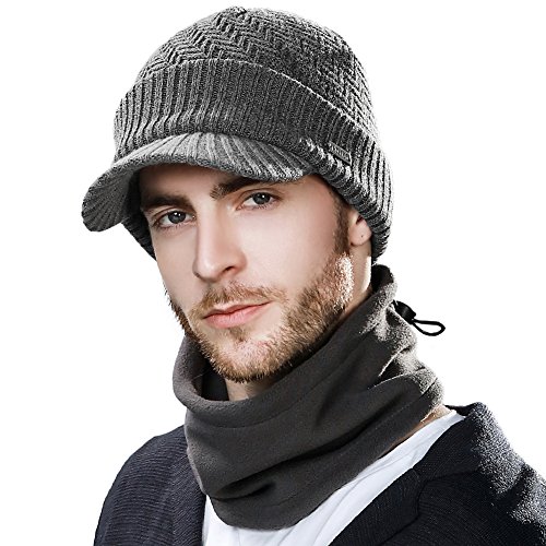 Siggi - Comhats - Conjunto de gorro y bufanda, gorro de punto con visera, de lana, para el invierno, bufanda, de forro polar, braga de cuello, para hombres Gris 69311_Gris M