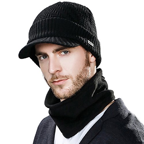 Siggi - Comhats - Conjunto de gorro y bufanda, gorro de punto con visera, de lana, para el invierno, bufanda, de forro polar, braga de cuello, para hombres Negro 69311_Negro M