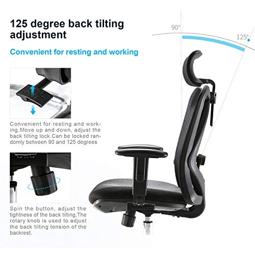 SIHOO Silla de Escritorio Ergonómica Reclinable para Oficina con reposapiés, Silla para Computadora con Respaldo Alto y reposabrazos Ajustable, Malla cómoda y Ruedas Lisas (Negro)