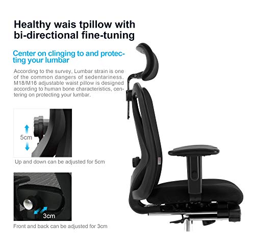 SIHOO Silla de Escritorio Ergonómica Reclinable para Oficina con reposapiés, Silla para Computadora con Respaldo Alto y reposabrazos Ajustable, Malla cómoda y Ruedas Lisas (Negro)