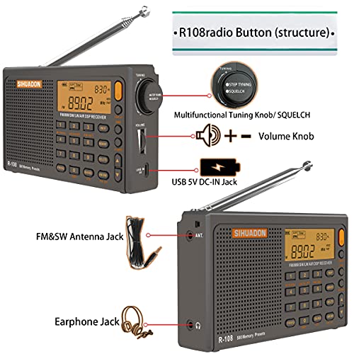 SIHUADON R108 Radio Portatil Pequeña FM Am SW KW MW Banda De Aviación Radio Multibanda con Altavoz Excelente VisualizacióN del Tiempo De RecepcióN RetroiluminacióN De La Radio Digital Gris