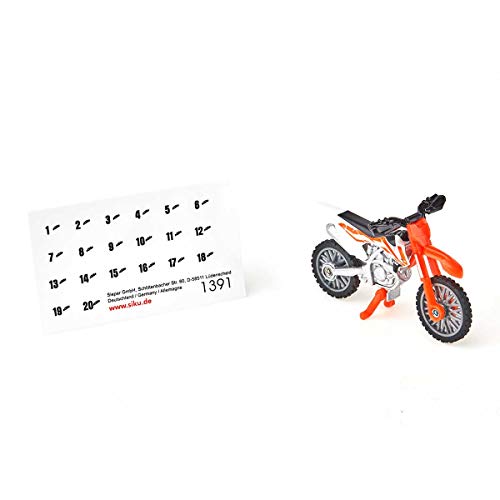 siku 1391, Moto KTM SX-F 450, Metal/Plástico, Naranja/Blanco, Soporte plegable