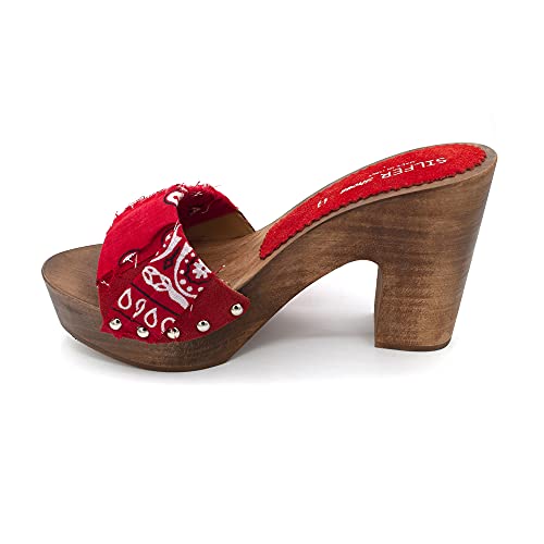SILFER SHOES Zueco para mujer de auténtica madera y piel auténtica, tacón de 10,5 cm, platoò 3 cm rojo 38