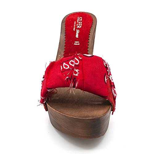 SILFER SHOES Zueco para mujer de auténtica madera y piel auténtica, tacón de 10,5 cm, platoò 3 cm rojo 38