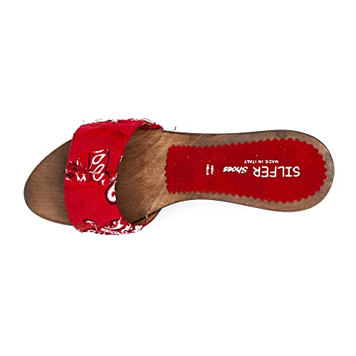 SILFER SHOES Zueco para mujer de auténtica madera y piel auténtica, tacón de 10,5 cm, platoò 3 cm rojo 38