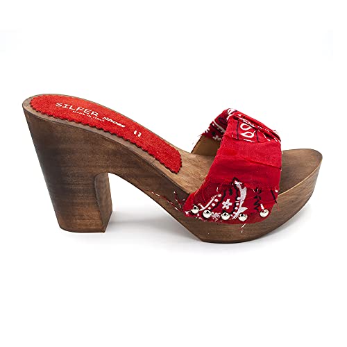SILFER SHOES Zueco para mujer de auténtica madera y piel auténtica, tacón de 10,5 cm, platoò 3 cm rojo 38