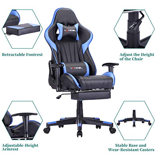 Silla Gaming Tela Ergonomica Sillones de Oficina Racing Gamer Silla con Reposapiés Retráctil con Lumbar y Reposacabezas (Azul-2)