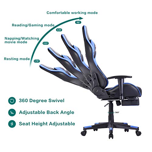 Silla Gaming Tela Ergonomica Sillones de Oficina Racing Gamer Silla con Reposapiés Retráctil con Lumbar y Reposacabezas (Azul-2)