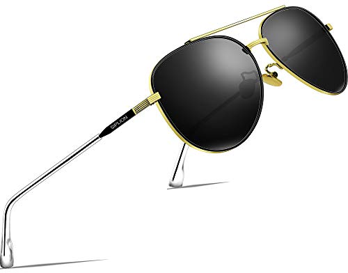 SIPLION Gafas de sol Hombre Mujer Polarizado Al-Mg Metal Super Ligero Marco 7077 Black-GOLD