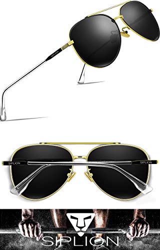 SIPLION Gafas de sol Hombre Mujer Polarizado Al-Mg Metal Super Ligero Marco 7077 Black-GOLD