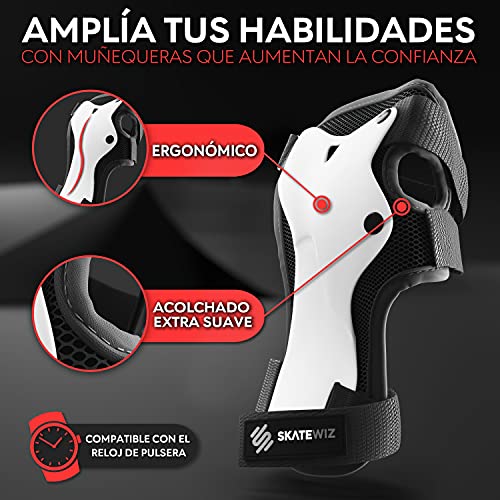 SKATEWIZ Protecciones Patines Adulto - Smash Talla L en Blanco y Negro - Protecciones Skate Adulto - Rodilleras Skate - Protecciones para Patinaje