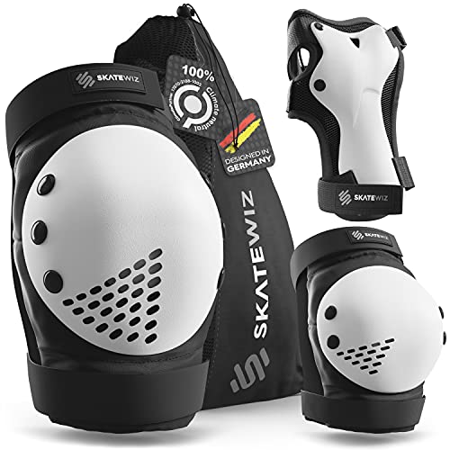 SKATEWIZ Protecciones Patines Adulto - Smash Talla L en Blanco y Negro - Protecciones Skate Adulto - Rodilleras Skate - Protecciones para Patinaje