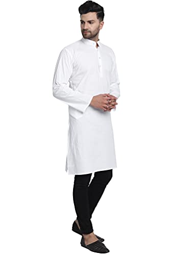 SKAVIJ Camisa Kurta - Algodón Vestido Túnica Casual - Hombres Blanco_Medium