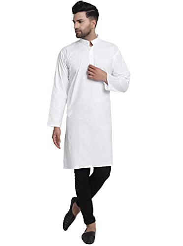 SKAVIJ Camisa Kurta - Algodón Vestido Túnica Casual - Hombres Blanco_Medium