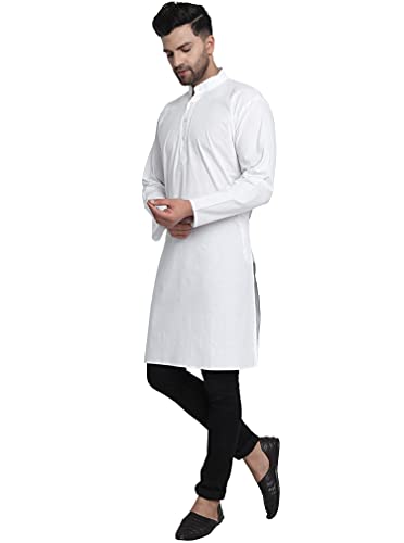 SKAVIJ Camisa Kurta - Algodón Vestido Túnica Casual - Hombres Blanco_Medium
