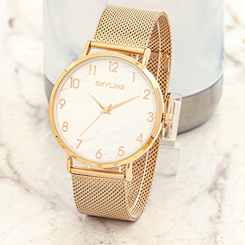 SKYLINE, Reloj de Pulsera para Mujer, Acero Inoxidable, Correa Estilo Malla, Pila Extra, Diseño Elegante Ideal para Uso Diario, Regalo en Fechas Especiales, Diseño de Europa