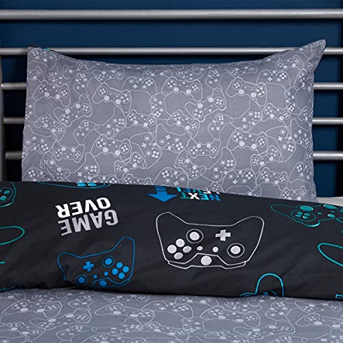 Sleepdown Juego edredón y Funda de Almohada para niños, diseño de Consola de Videojuegos, Color Negro y Gris, Reversible, de fácil Cuidado, tamaño Individual (135 x 200 cm), Poliéster, Suelto