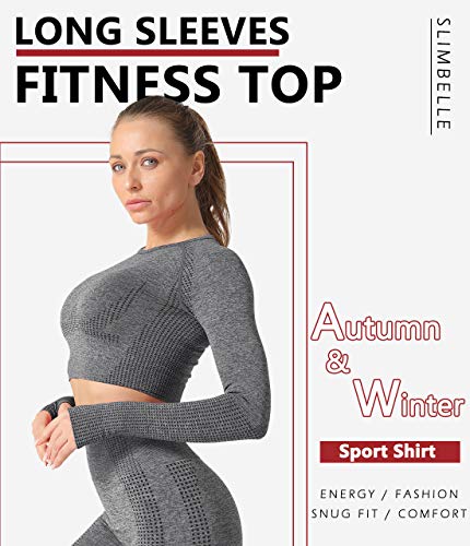 SLIMBELLE Camiseta Deportiva sin Costura para Mujer de Manga Larga Crop Top Yoga Camisa Long Sleeve Deporte para Fitness Running Gym con Ojales y Agujero para el Pulgar Elásticos y Transpirables