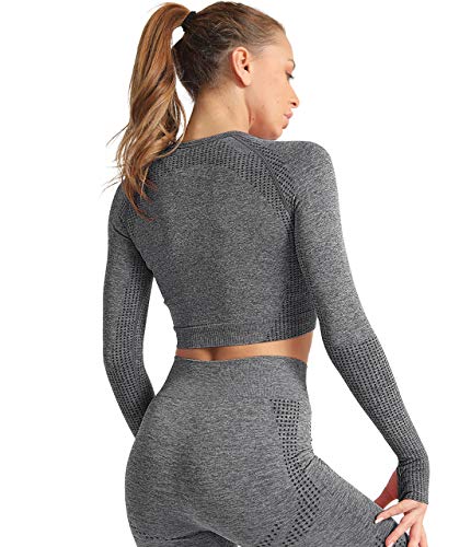 SLIMBELLE Camiseta Deportiva sin Costura para Mujer de Manga Larga Crop Top Yoga Camisa Long Sleeve Deporte para Fitness Running Gym con Ojales y Agujero para el Pulgar Elásticos y Transpirables