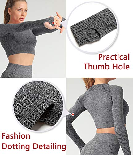 SLIMBELLE Camiseta Deportiva sin Costura para Mujer de Manga Larga Crop Top Yoga Camisa Long Sleeve Deporte para Fitness Running Gym con Ojales y Agujero para el Pulgar Elásticos y Transpirables