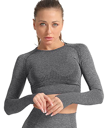 SLIMBELLE Camiseta Deportiva sin Costura para Mujer de Manga Larga Crop Top Yoga Camisa Long Sleeve Deporte para Fitness Running Gym con Ojales y Agujero para el Pulgar Elásticos y Transpirables