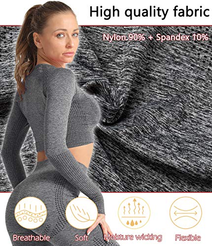 SLIMBELLE Camiseta Deportiva sin Costura para Mujer de Manga Larga Crop Top Yoga Camisa Long Sleeve Deporte para Fitness Running Gym con Ojales y Agujero para el Pulgar Elásticos y Transpirables