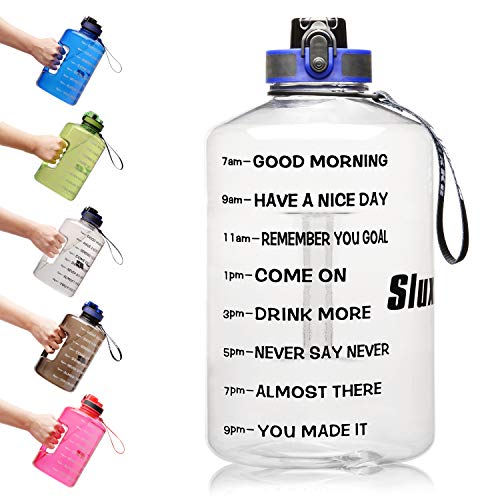 SLUXKE Botella de agua deportiva motivacional de 3.8 L / 2 litros con marcador de tiempo, Botella de agua de 1 galón Botella de agua hidratante a prueba de fugas