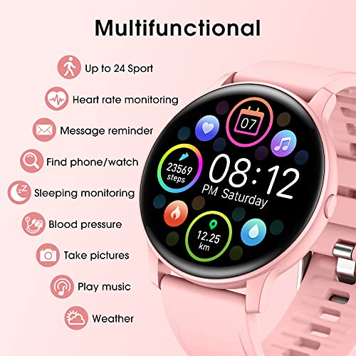 Smartwatch Mujer, 1.3''Reloj Inteligente Mujer Hombre Impermeable IP68, 24 Modos Deporte Pulsera Actividad Inteligente Pulsómetro Monitor de Sueño Podómetro Cronómetros Calorías para Android iOS Rosa