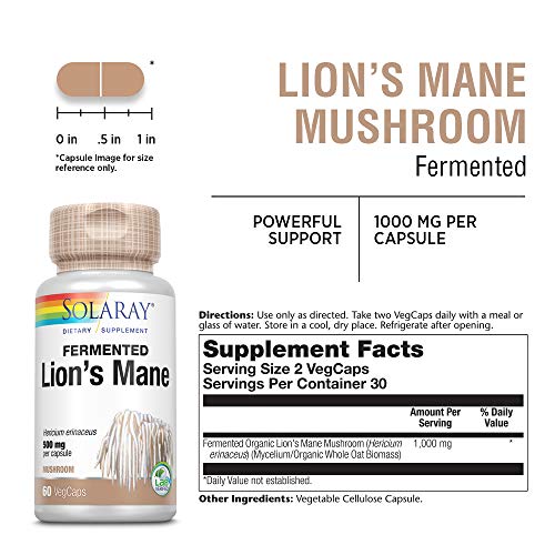 Solaray Lions Mane 500mg | Melena de Leon | Organically Grown Fermented Mushroom | 60 VegCaps