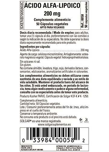 Solgar - Ácido Alfa-Lipoico Cápsulas Vegetales de 200 mg - Envase de 50