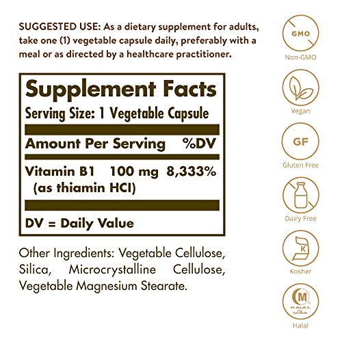 Solgar Vitamina B1 (Tiamina) 100mg Cápsulas Vegetales, 100 Unidad