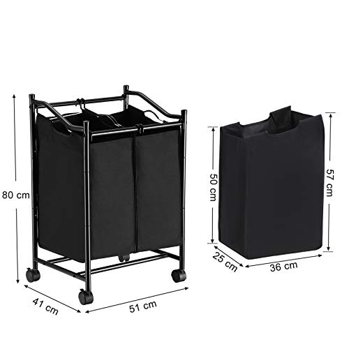 SONGMICS 2 Cestos para la Colada, Clasificador de Lavandería, Cesta de Lavandería con Ruedas, Cesto con Bolsas Extraíbles, Capacidad Total 90 L, Negro, LSF002BK