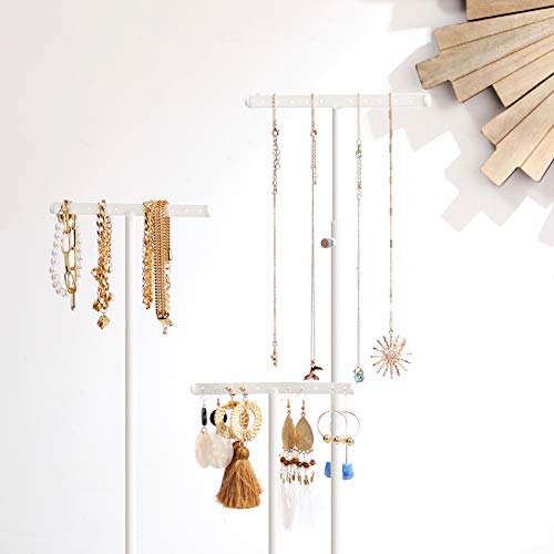 SONGMICS 2-en-1 Soporte para Joyas, Árbol de Joyas con 3 Barras de Metal en Forma de T con Agujeros y Bandeja, Ajustable para Collares, Pendientes, Anillos, Marrón Rústico y Blanco, Navidad, JJS016W01