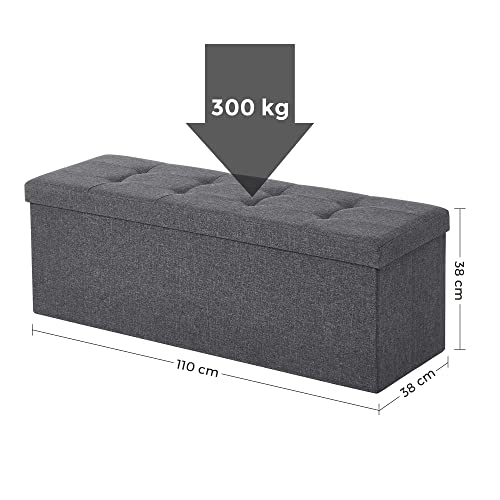 SONGMICS Banco con Espacio de Almacenamiento, Cofre, Caja de Almacenamiento, Plegable, Carga Estática Máx. 300 kg, 120 L, 110 x 38 x 38 cm, Imitación Lino, Gris Oscuro LSF77K