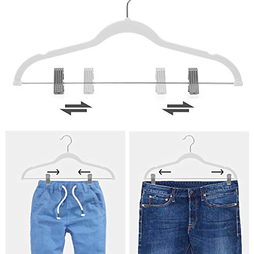 SONGMICS Perchas de Terciopelo, Set de 12, con Pinzas Gancho Giratorio a 360º, para Adultos, Ideal para Trajes Abrigos Faldas Pantalones Tirantes, Longitud De 42,5 cm, Blanco CRF012W01