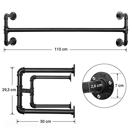 SONGMICS Perchero de Pared para Ropa, Percha para Colgar Ropa Industrial, Ahorro de Espacio, 110 x 30 x 29,3 cm, Carga hasta 60 kg, Fácil Montaje, para Espacios Reducidos, Negro HSR64BK