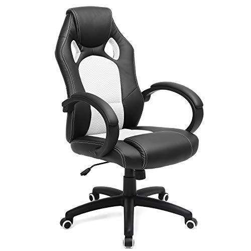 SONGMICS Racing Silla de Escritorio de Oficina Ergonómica Regulable con Ruedas, OBG56BW, Blanco