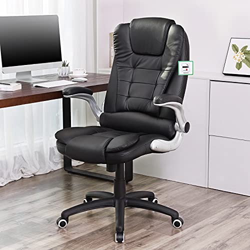 SONGMICS Silla de oficina con respaldo alto, Reposacabezas y cojín engrosados, Apoyabrazos abatibles, Silla ejecutiva ergonómica, Negro OBG51B