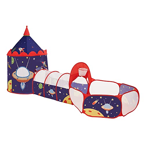 SONGMICS Tienda de Niños Pop-up 3 en 1, Carpa de Niños, Tienda de Infantil con Ventana de Malla y Cesta, Tema Aeroespacial, Uso interior o exterior, Idea de Regalo, y Cumpleaños, Azul y Rojo LPT703Q01